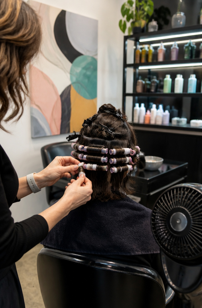 How Much for a Perm? 8 Hair Types and 2026 Prices 3 Stylist preparing a medium-length perm on a client's hair.