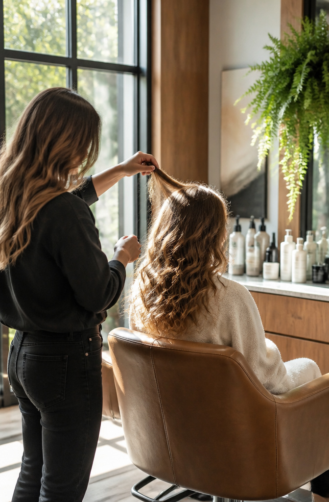 How Much for a Perm? 8 Hair Types and 2026 Prices 4 Stylist working on long hair in a spacious salon.