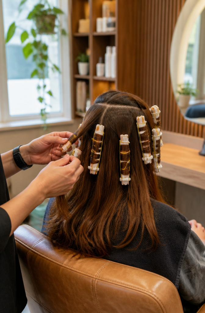 How Much for a Perm? 8 Hair Types and 2026 Prices 6 Stylist creating a spiral perm on a client's long chestnut hair.
