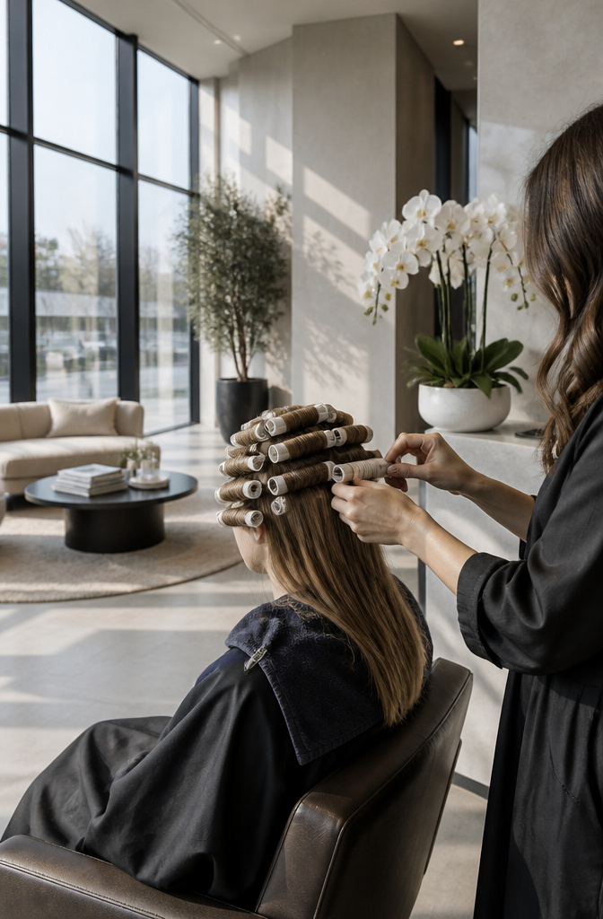 How Much for a Perm? 8 Hair Types and 2026 Prices 7 Stylist working on a body wave perm in an upscale salon.