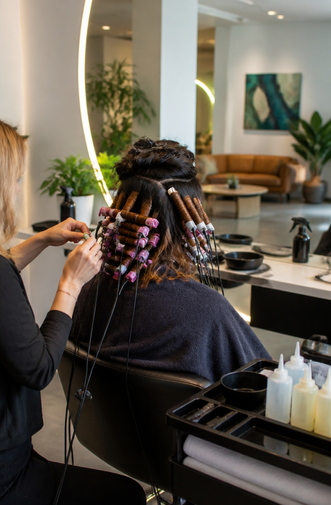 How Much for a Perm? 8 Hair Types and 2026 Prices 9 Stylist applying a specialty perm technique in a stylish salon.