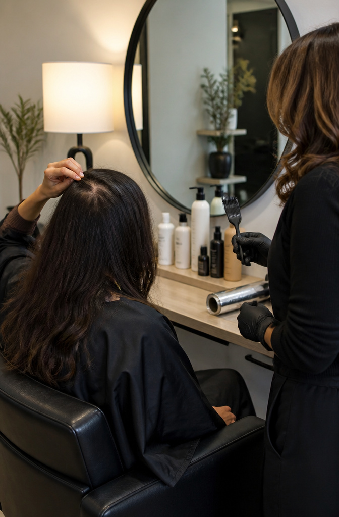 Hair Color Costs: 6 Prices from Salon to Home Dyeing in 2026 6 A client looking in a mirror while a stylist applies color.