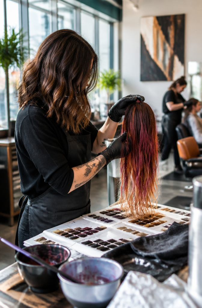 Hair Color Costs: 6 Prices from Salon to Home Dyeing in 2026 7 A stylist assessing hair color in a well-lit salon environment.