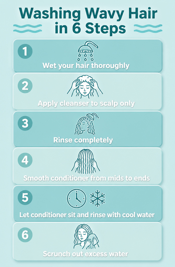 An infographic outlining six steps for washing wavy hair.