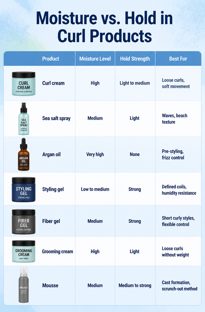 Table showing moisture levels and hold strength in curl products.