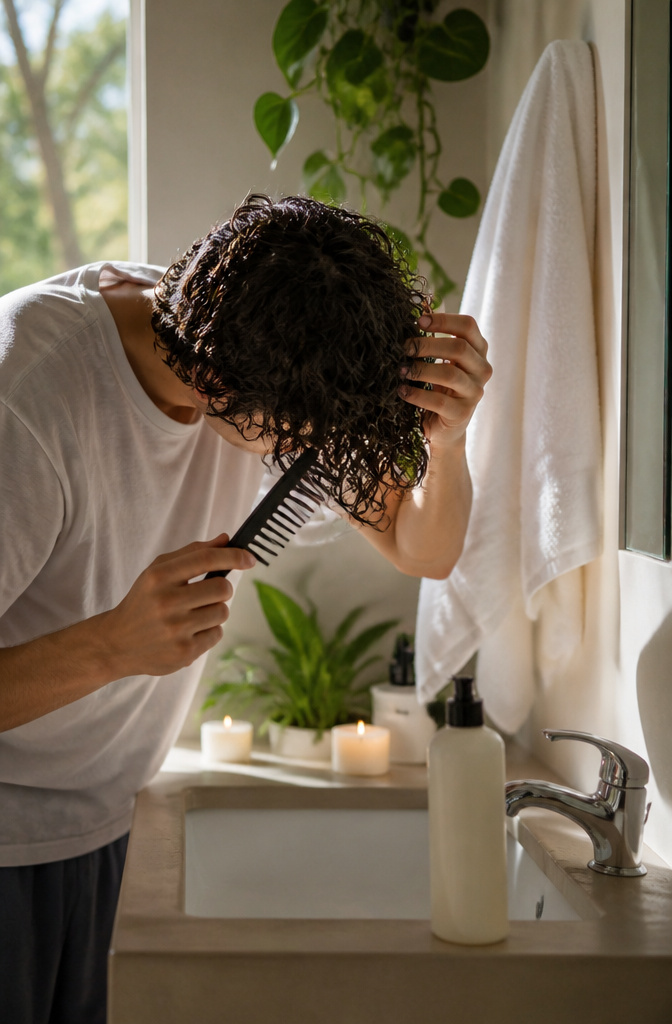 Young man using a wide-toothed comb on wet curls in a serene bathroom.
