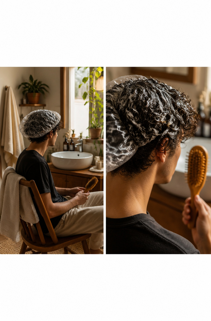 Young man preparing to deep condition his curls in a cozy bathroom.