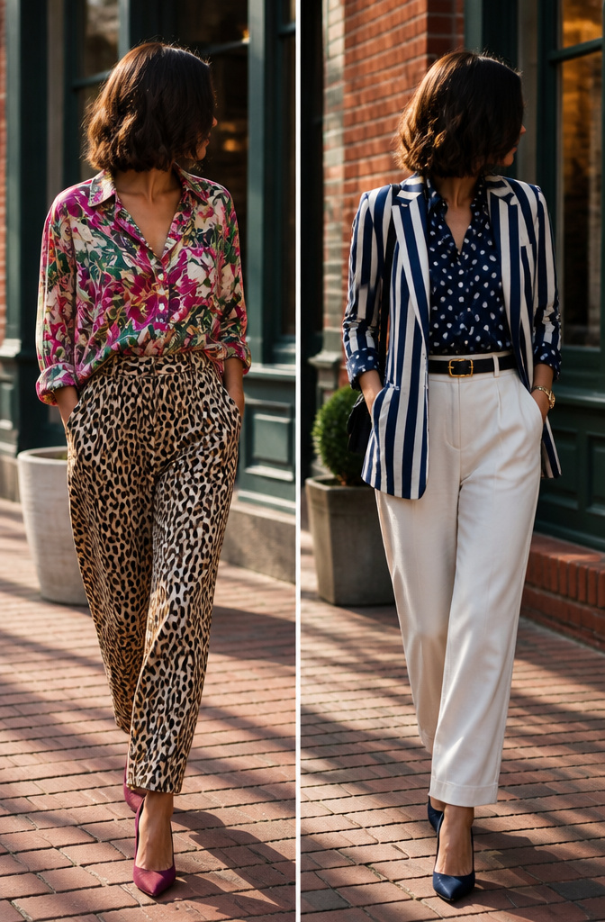6 Clear Ways to Style Colorful Prints Without Overcomplicating 5 A polka-dot blouse paired with a striped blazer.