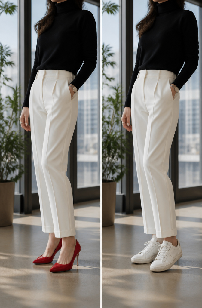 A model wears a black turtleneck and white trousers with a scarlet shoe.