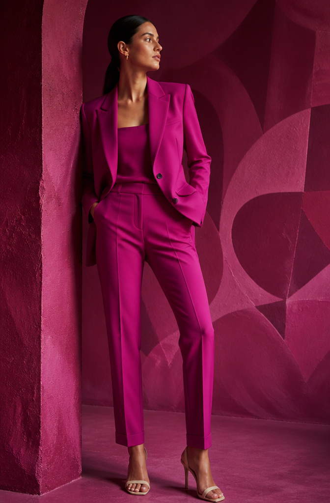 A model wears an outfit entirely in magenta.