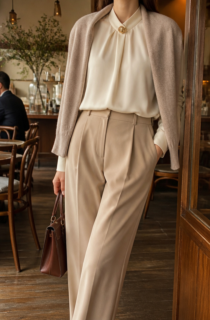 A cream silk blouse is tucked into tailored beige trousers.