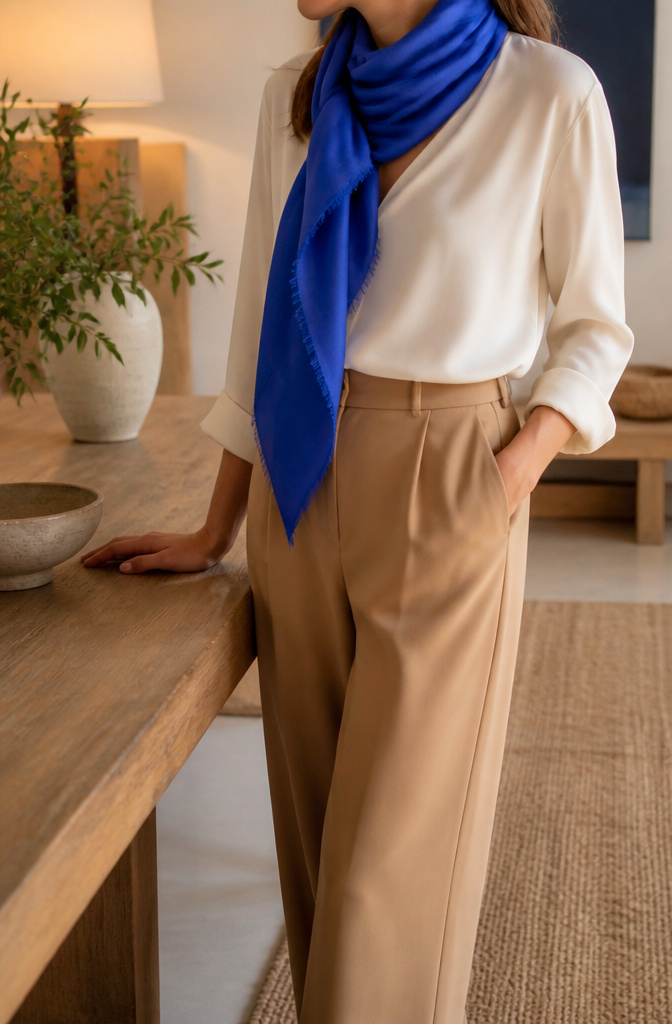 Model in an ivory silk blouse, camel wool trousers, and a cobalt scarf.
