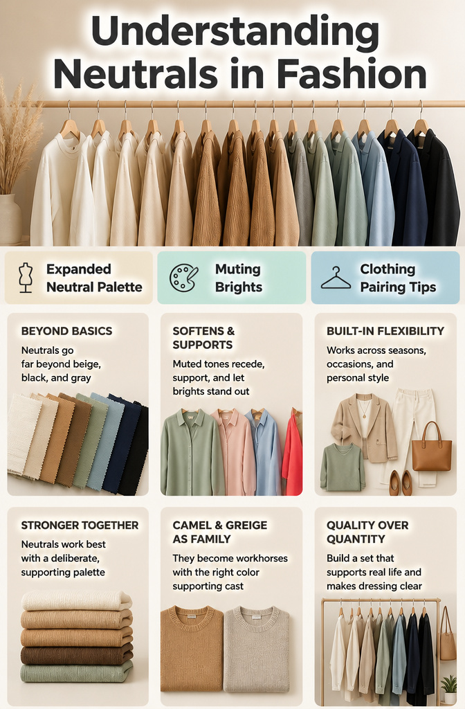 Information image about various colors considered as neutrals in fashion.