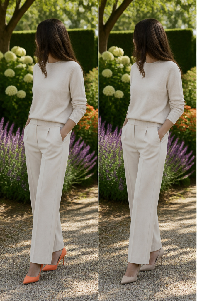 Model in a soft orange top paired with light neutral clothing.