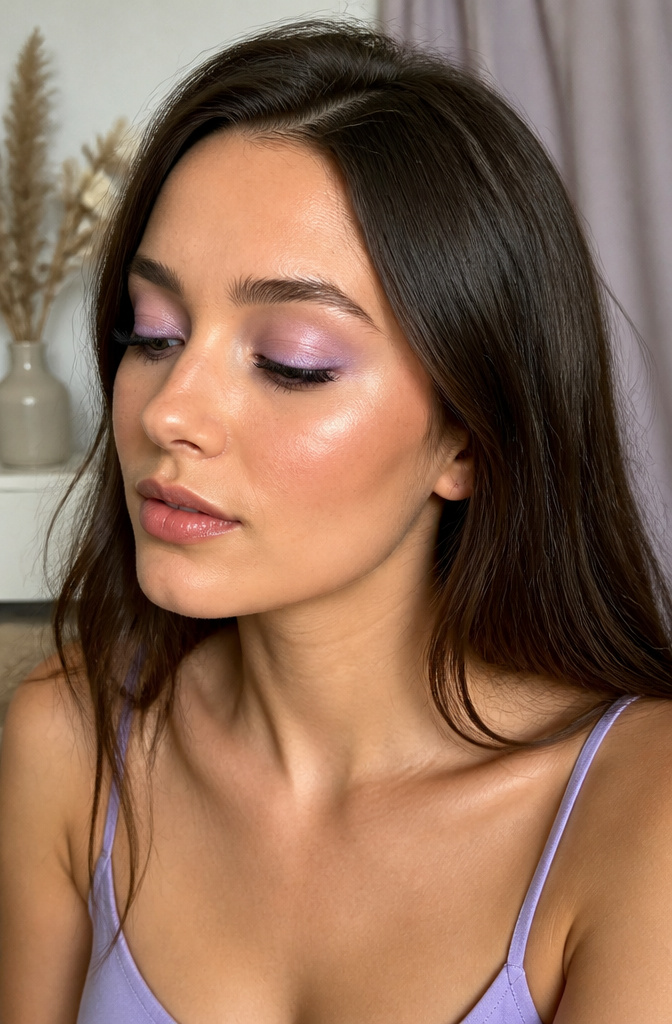 Purple Makeup for Hooded Eyes: Looks, Techniques & Color Pairings 2 Model with lilac eyeshadow blending above her crease.