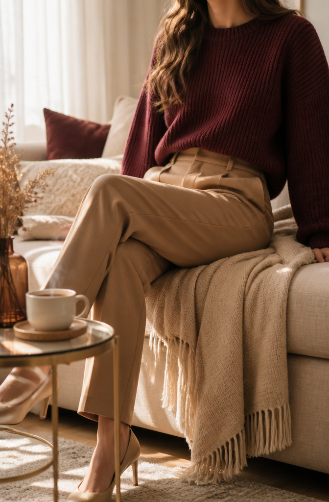 A burgundy knit sweater with warm beige pants.