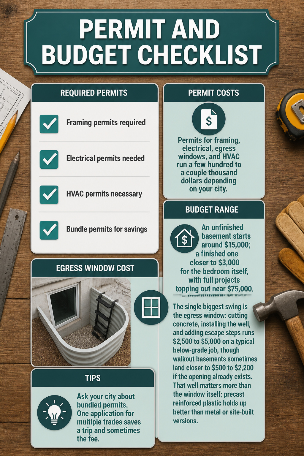 Add a Bedroom to Your Basement: 10 Steps for 2026 2 An image showing a permit and budget checklist for basement renovations.