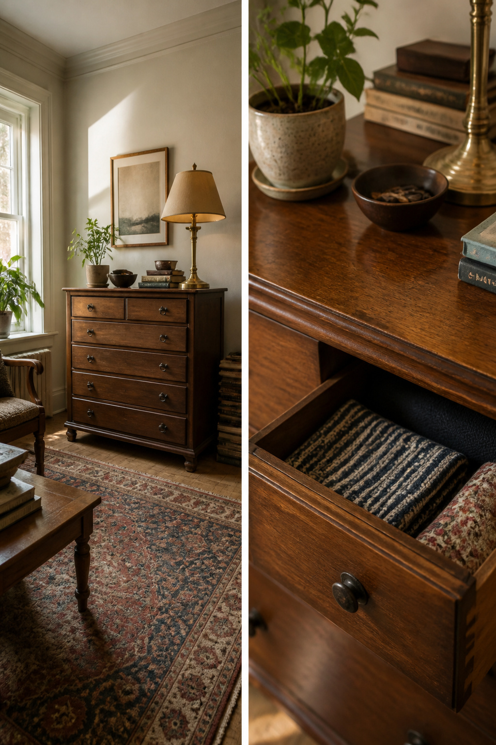 A vintage wooden dresser with open drawers, ready for purchase.