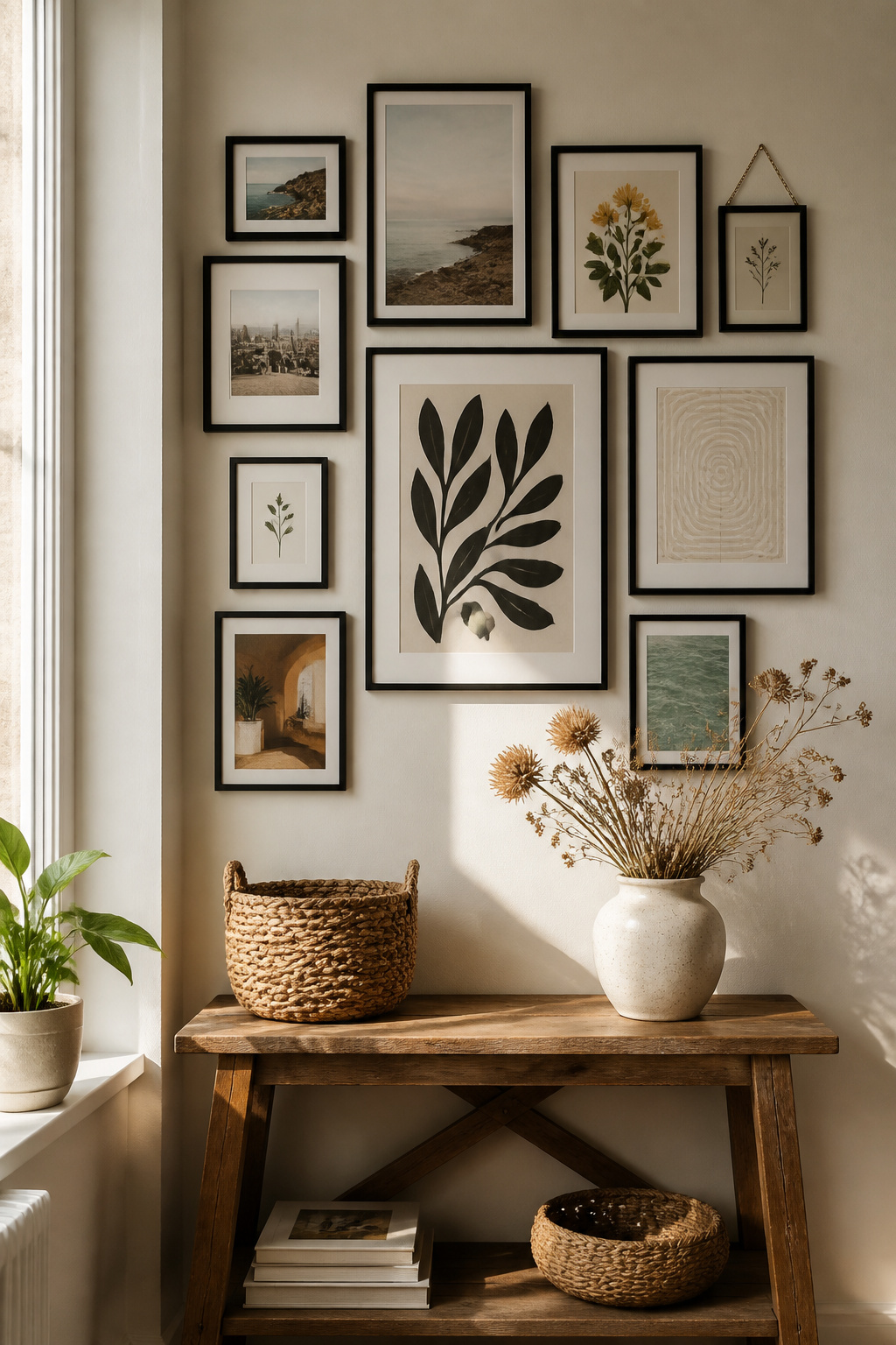 A gallery wall featuring framed postcards and photographs in various sizes.