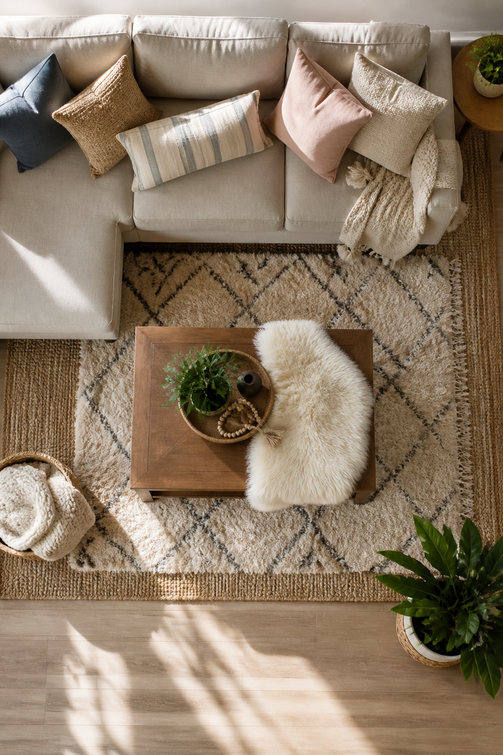 A coffee table with layered rugs, pillows, and a throw for added comfort.