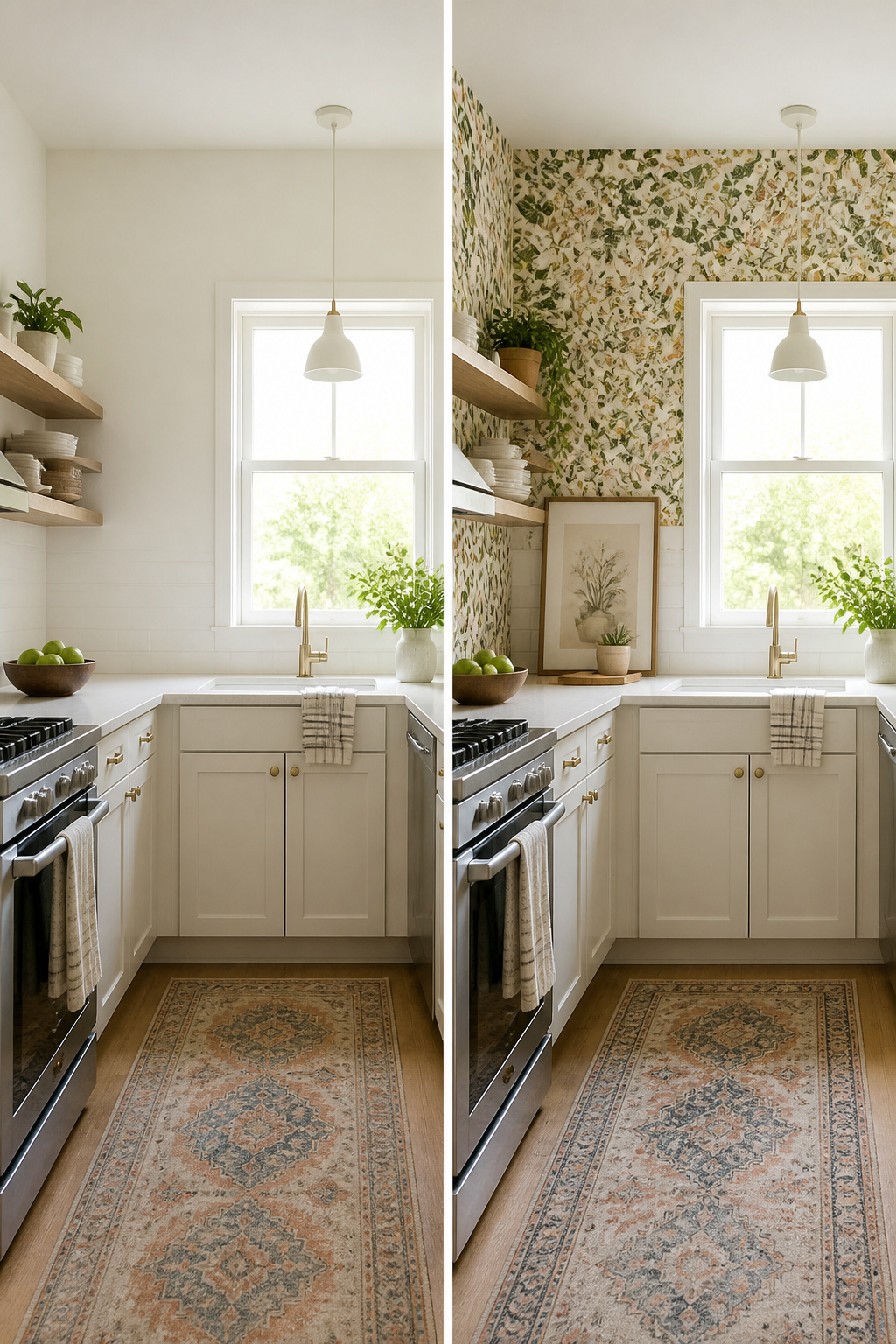 A wall decorated with removable wallpaper in a stylish pattern.