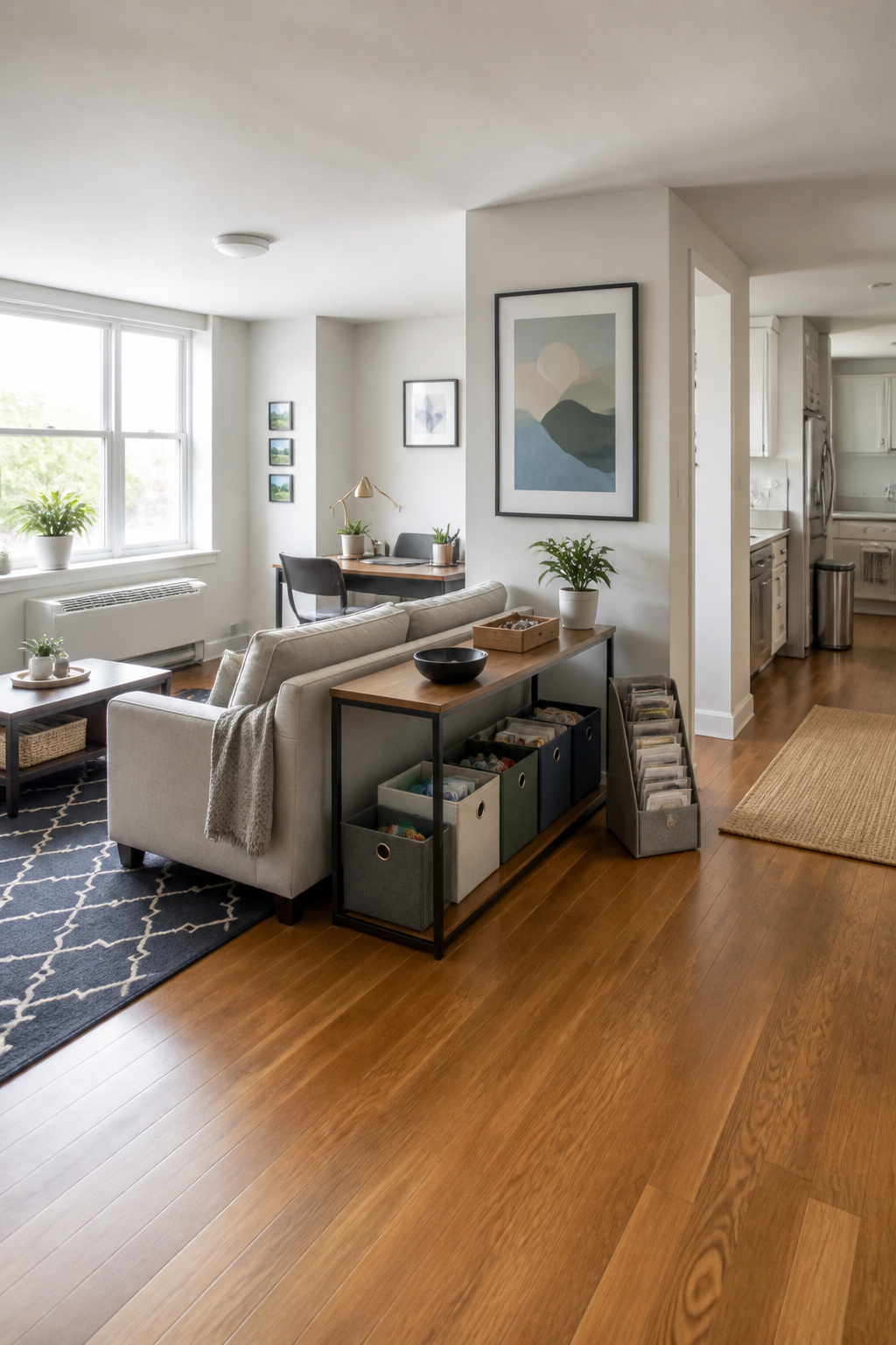 A well-organized living space with furniture arranged for functionality.