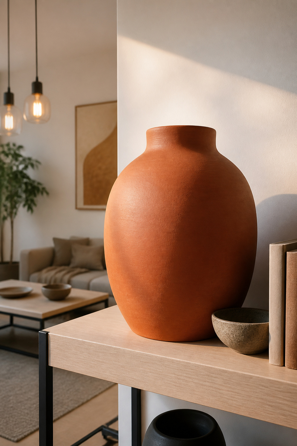 A bold vase displayed prominently on a simple shelf.