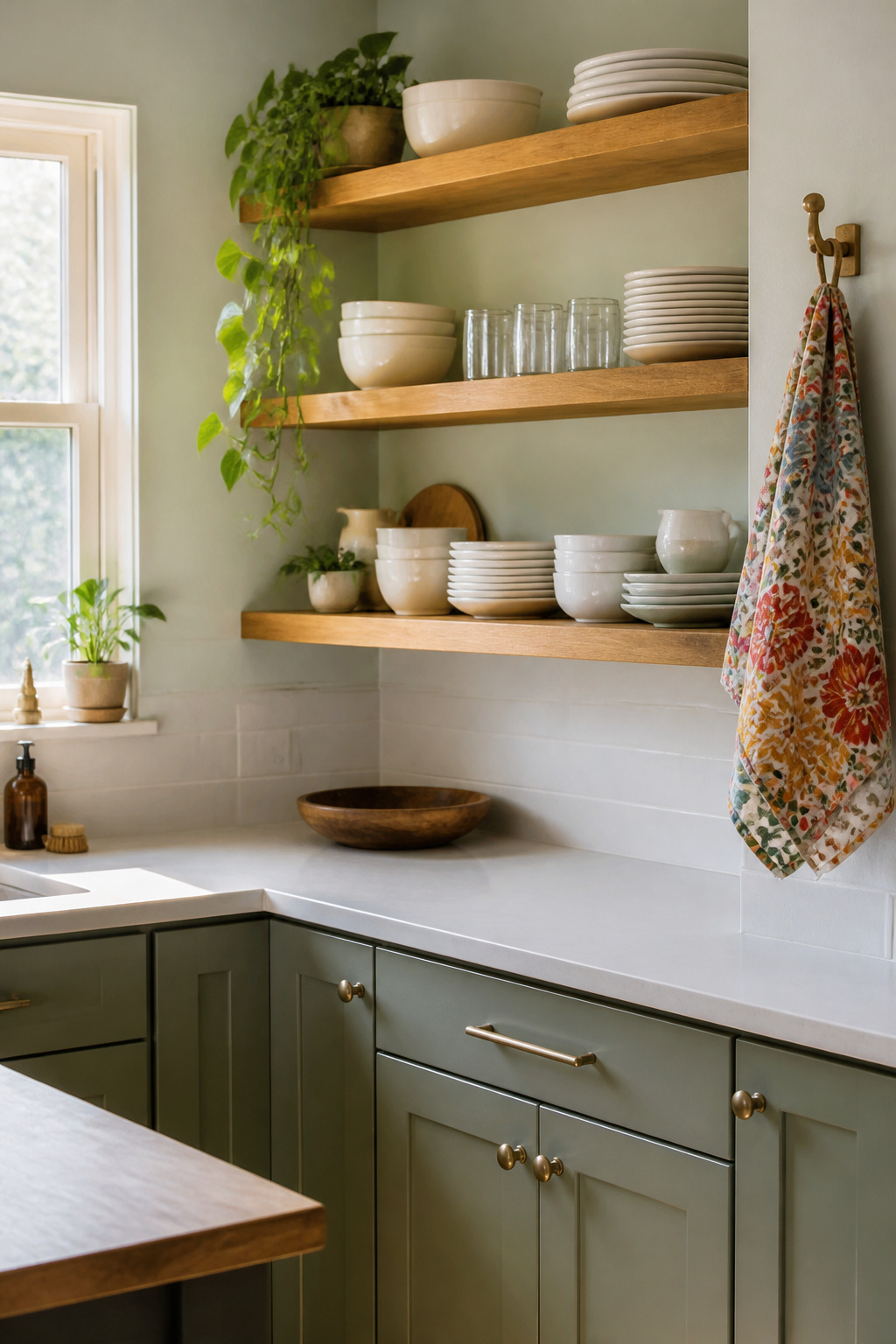10 Apartment Kitchen Ideas for Small Spaces in 2026 1 Natural wood open shelving with white plates and glassware.