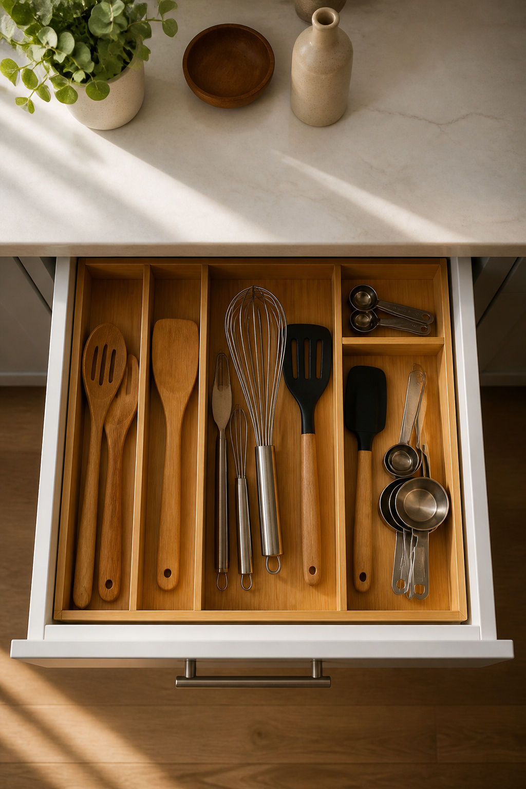 10 Apartment Kitchen Ideas for Small Spaces in 2026 10 Kitchen drawer with adjustable bamboo dividers for utensil organization.