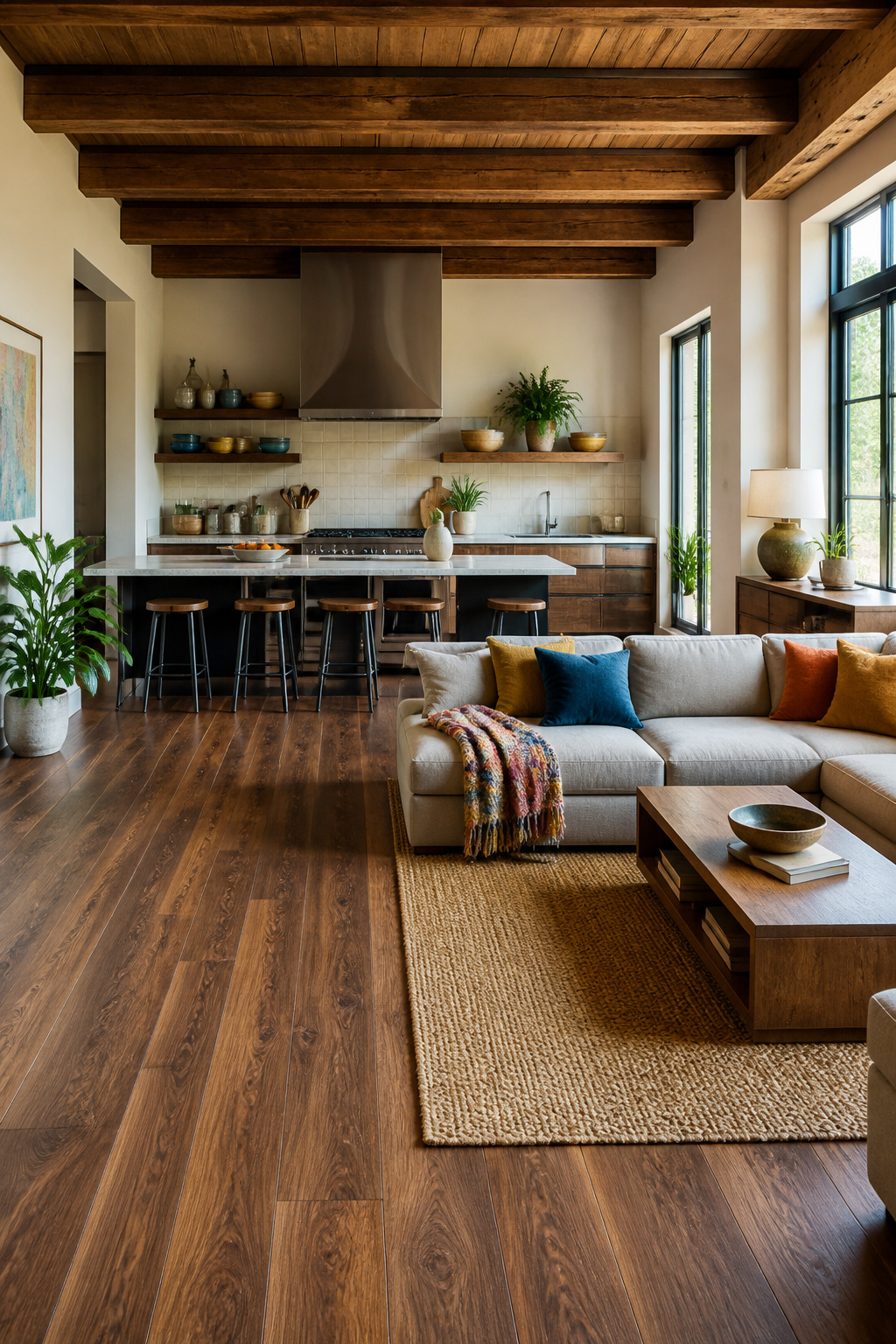 10 Apartment Kitchen Ideas for Small Spaces in 2026 13 Open-plan layout with consistent flooring extending from kitchen to living room.