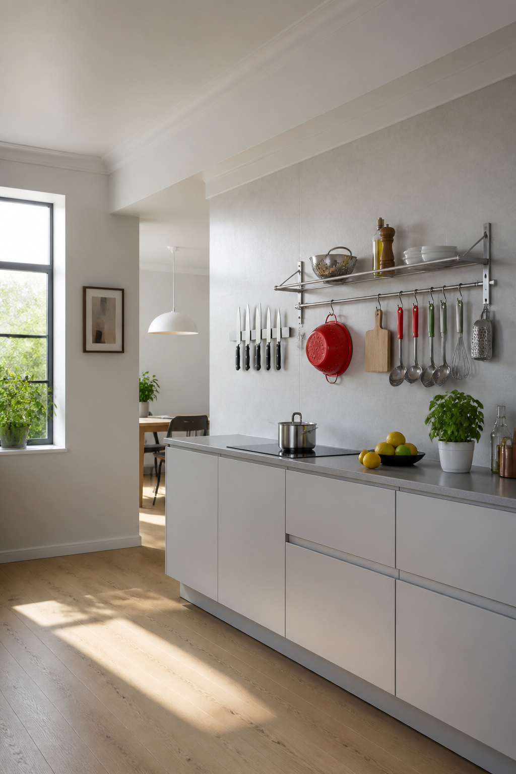 10 Apartment Kitchen Ideas for Small Spaces in 2026 2 Wall-mounted racks holding kitchen utensils and a magnetic knife strip.