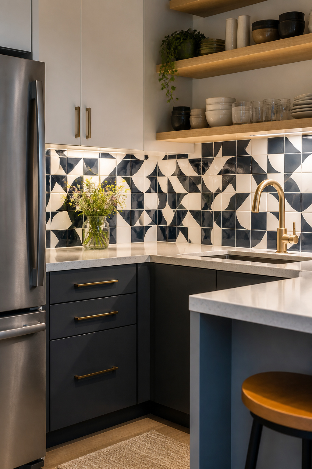 10 Apartment Kitchen Ideas for Small Spaces in 2026 5 Glossy peel-and-stick tiles in a geometric pattern as a kitchen backsplash.