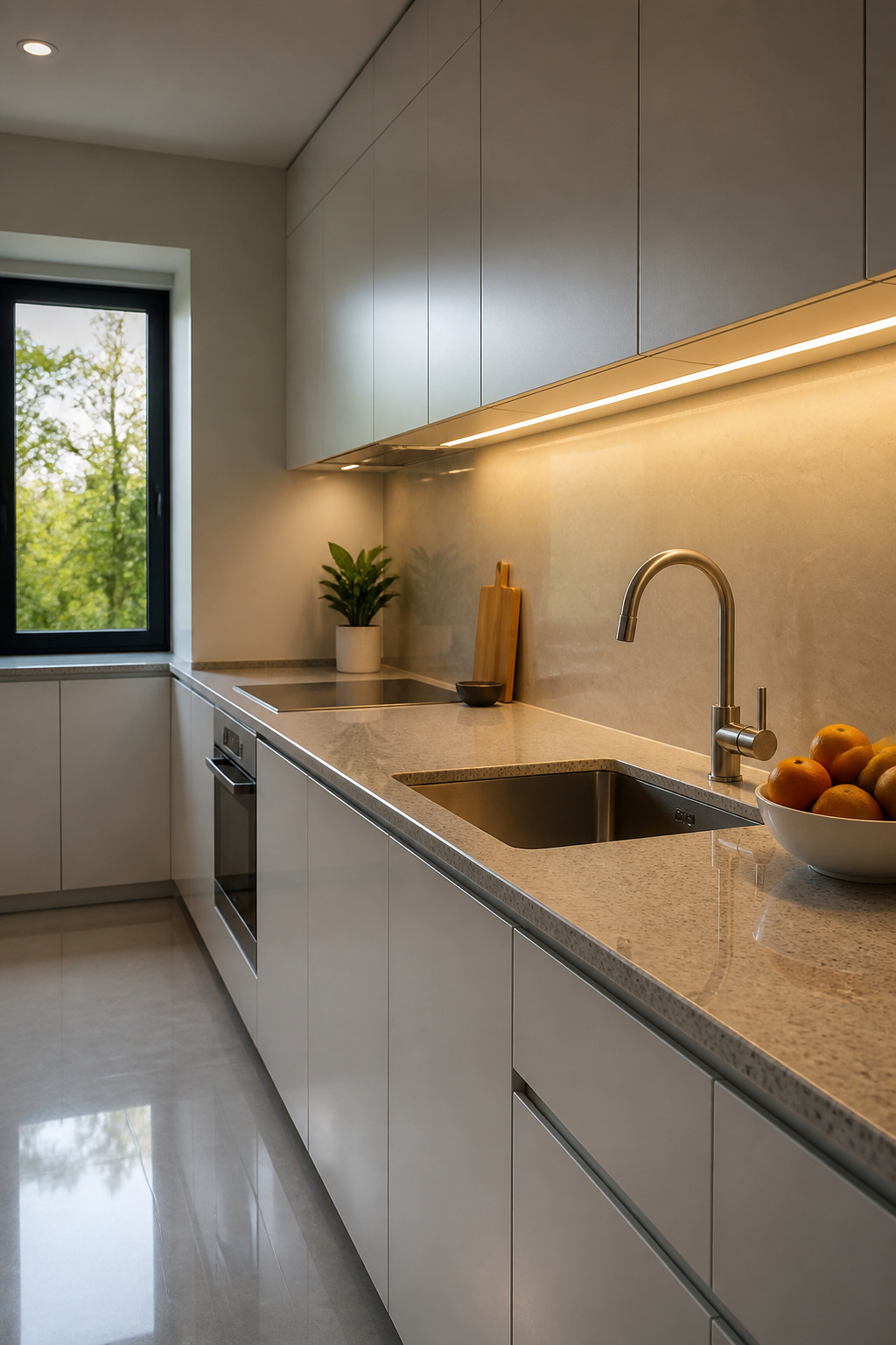 10 Apartment Kitchen Ideas for Small Spaces in 2026 6 Sleek under-cabinet lighting illuminating the kitchen countertop.