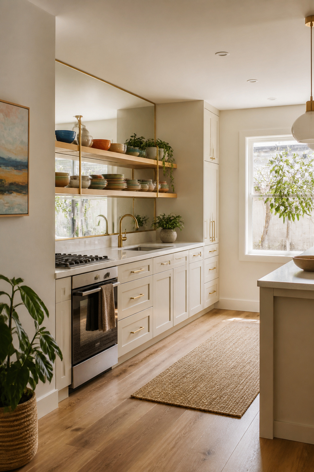 10 Apartment Kitchen Ideas for Small Spaces in 2026 7 Mirror placed opposite a window in the kitchen, reflecting daylight.