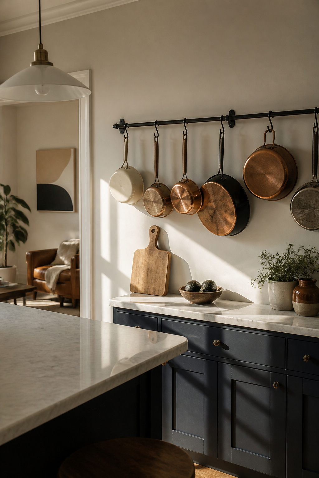 10 Apartment Kitchen Ideas for Small Spaces in 2026 9 Black wall-mounted rail displaying copper and enamel pots and pans.