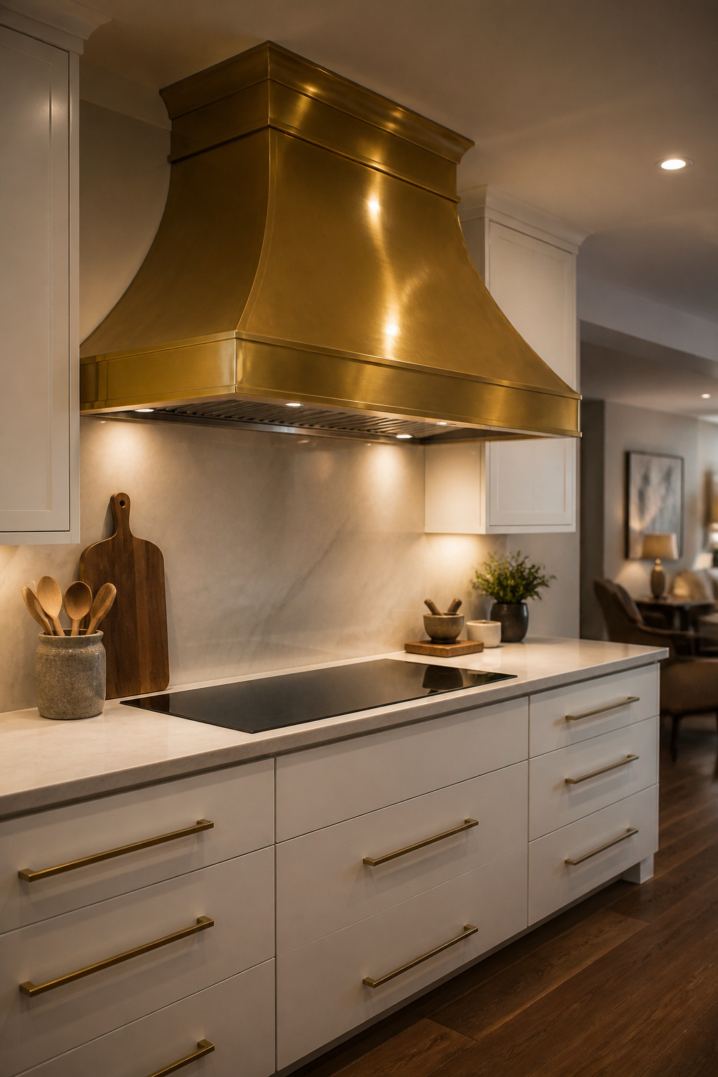Brass range hood in a basement kitchen with stock cabinetry.