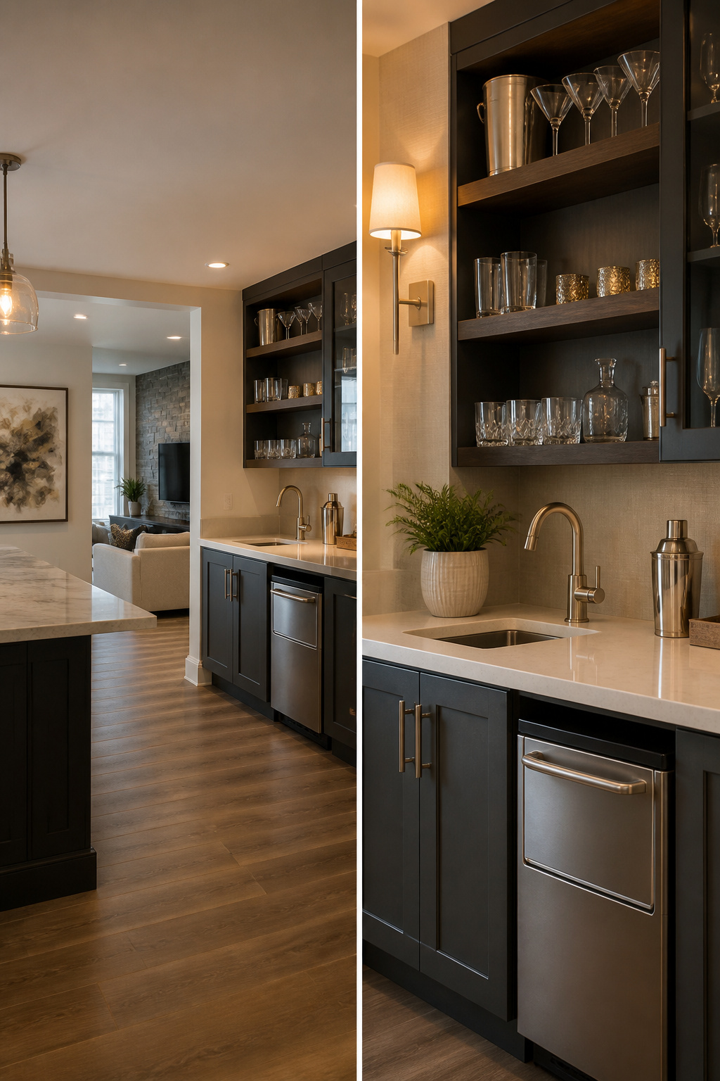 Beverage station with sink and ice maker in a basement kitchen.