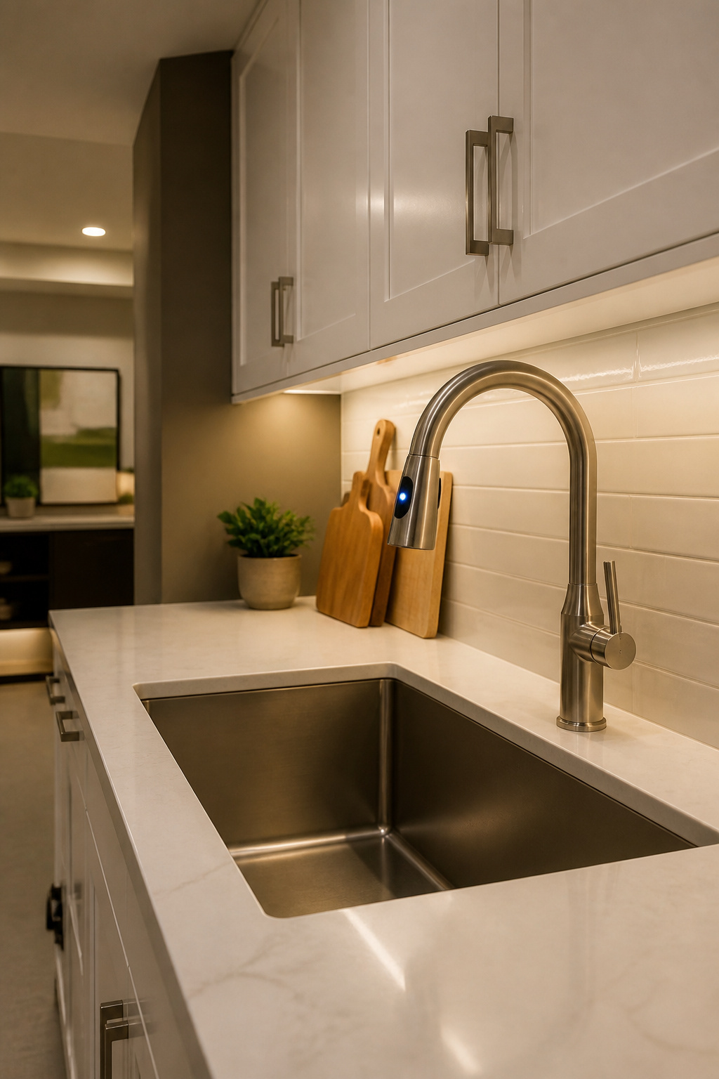 Touchless faucet over a deep sink in a basement kitchen.