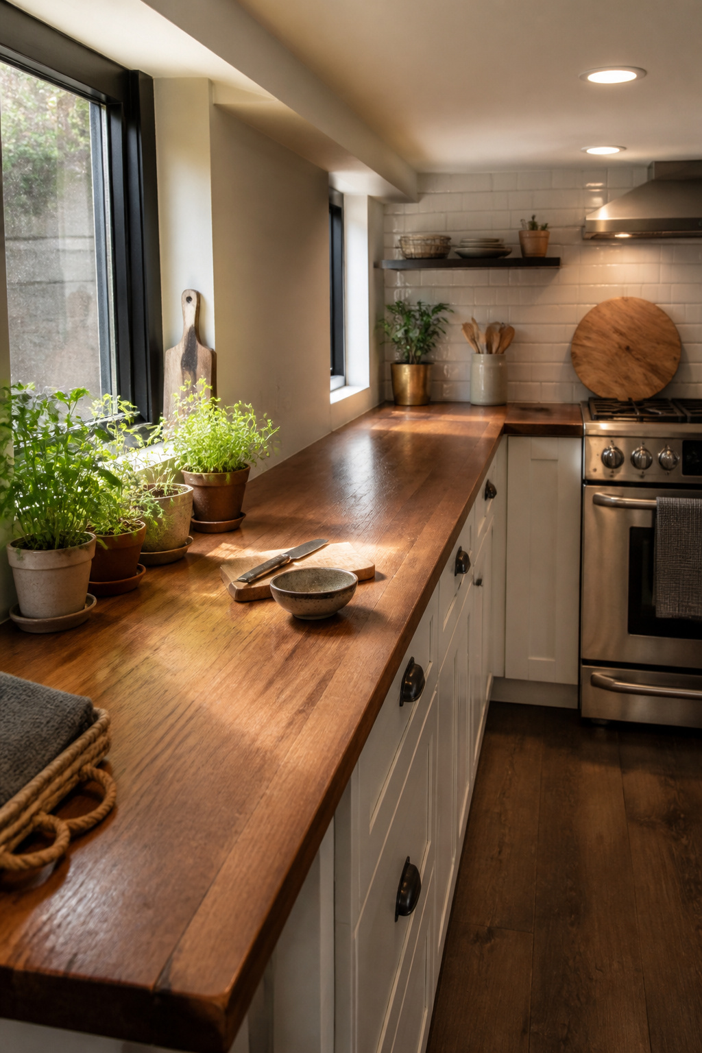 Custom wood countertops in a basement kitchen with white cabinetry.