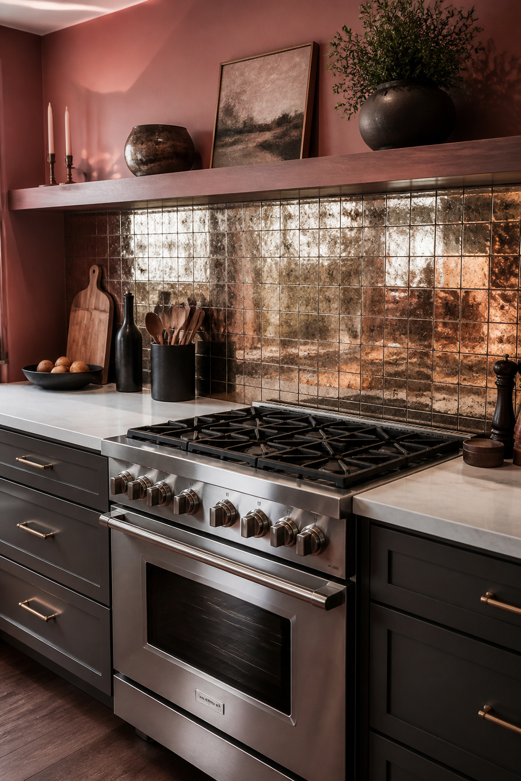 Detailed backsplash design behind the stove in a basement kitchen.