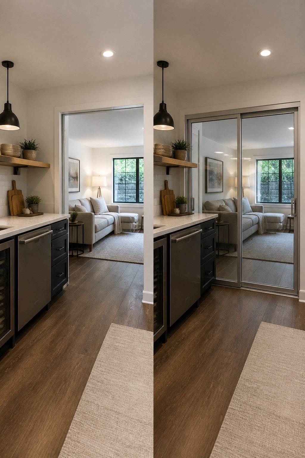 Sliding glass wall separating a basement kitchen from another area.
