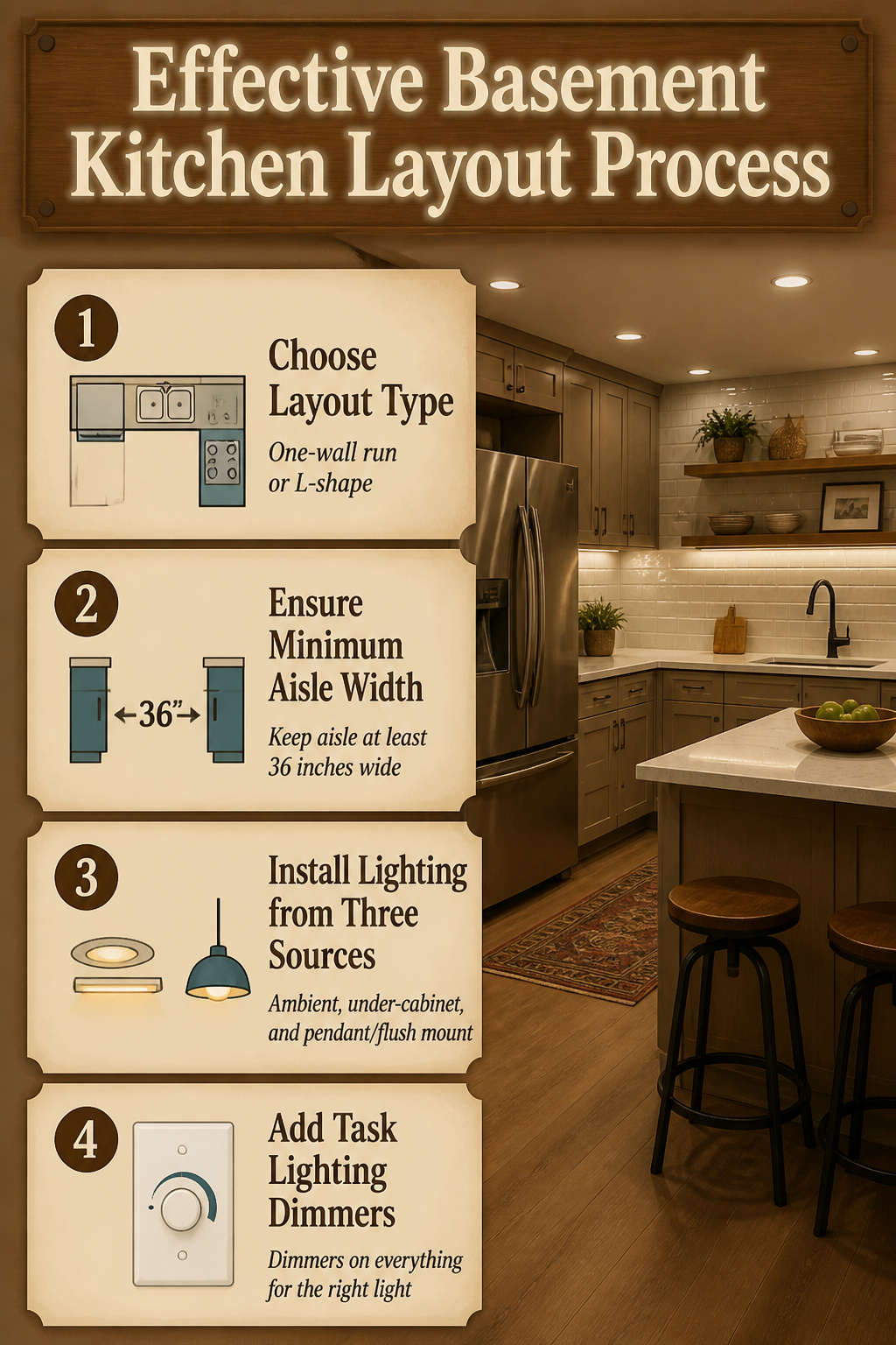 Diagram showing effective basement kitchen layout options.