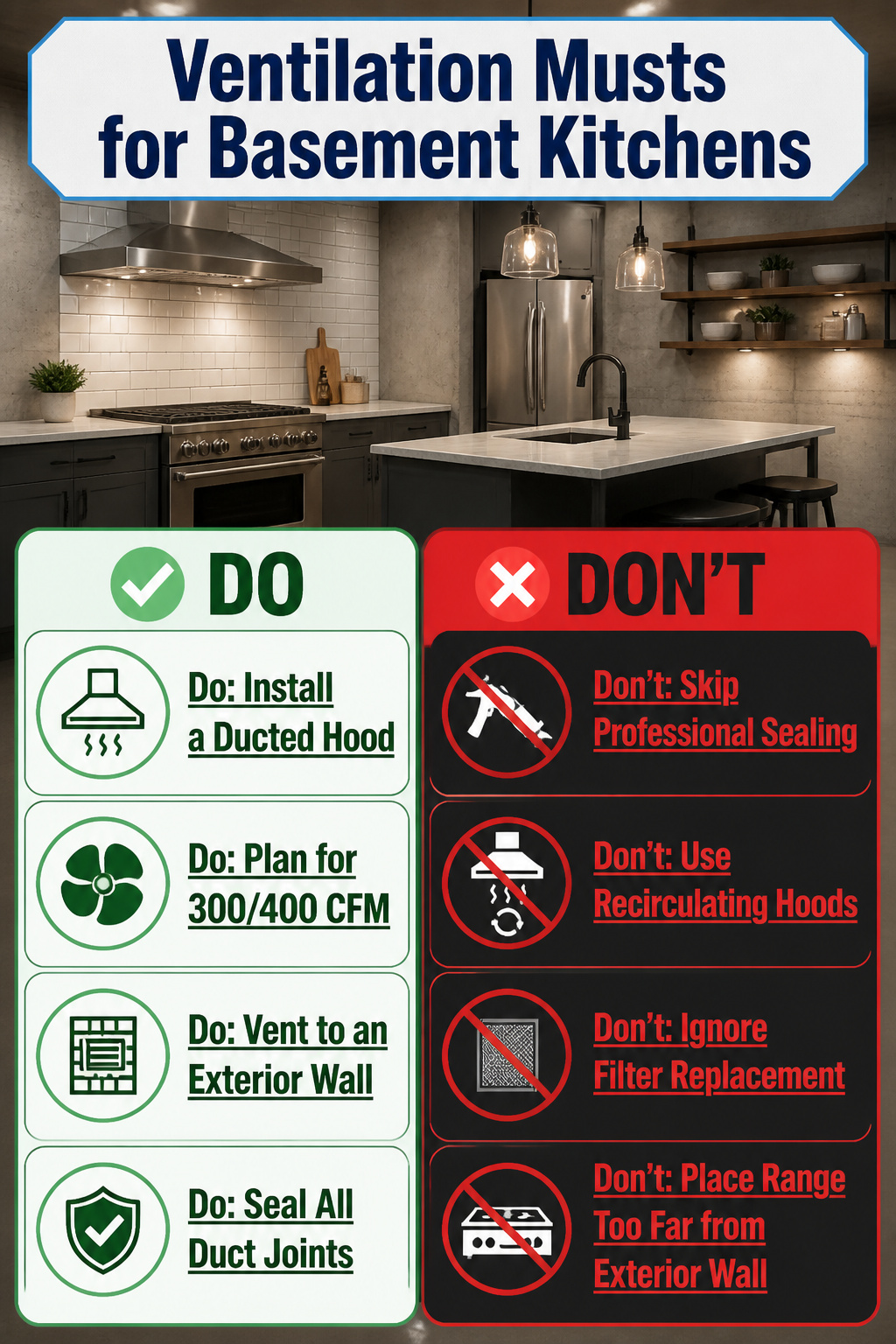 Ventilation requirements for basement kitchens.