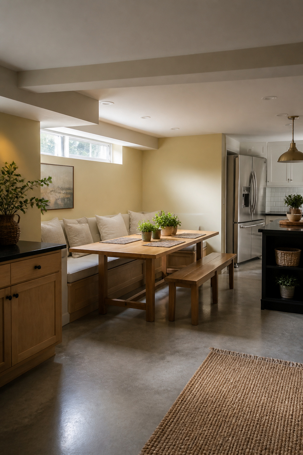 Integrated dining nook with bench seating against a basement wall.
