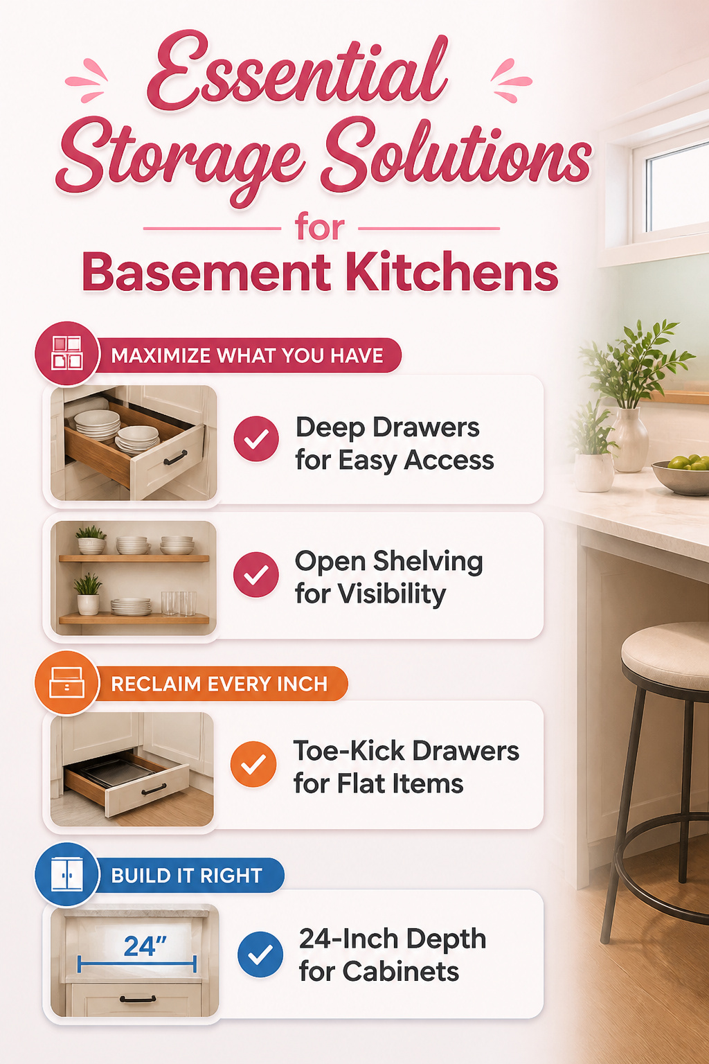 Storage solutions in a basement kitchen with deep drawers.
