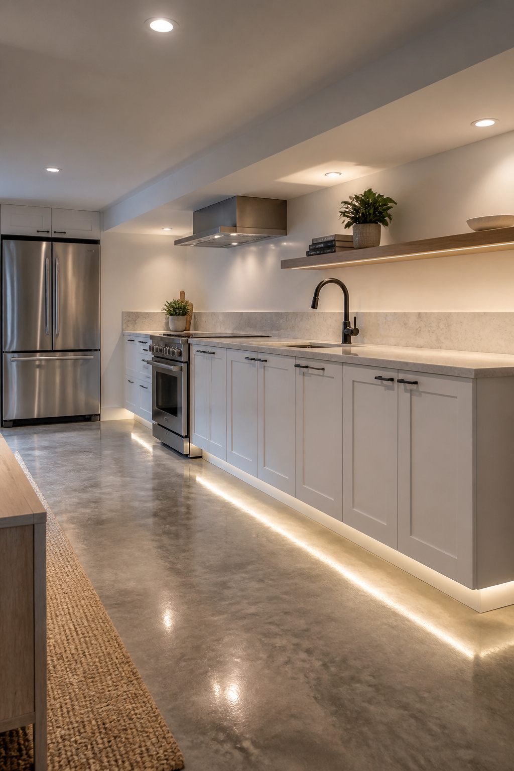 Airy floating cabinets above polished concrete floors in a basement kitchen.