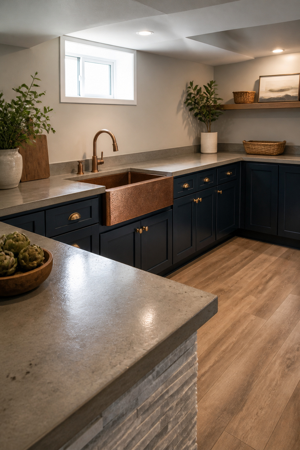 Polished concrete countertops paired with navy blue cabinets in a basement kitchen.