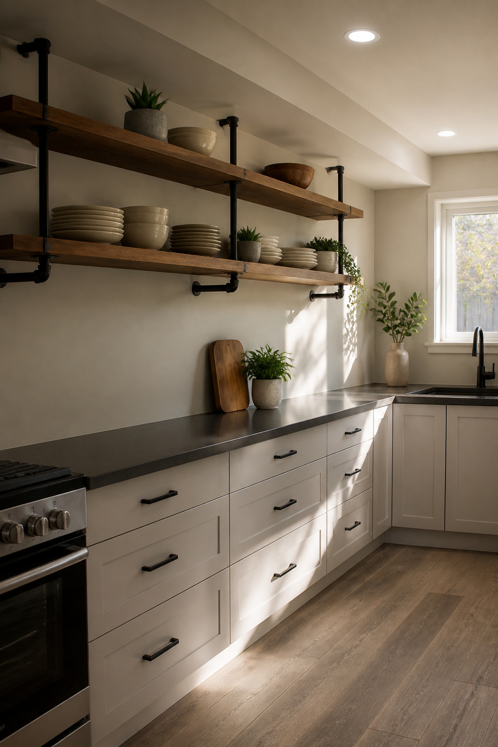 Open shelving with kitchenware in a basement kitchen.
