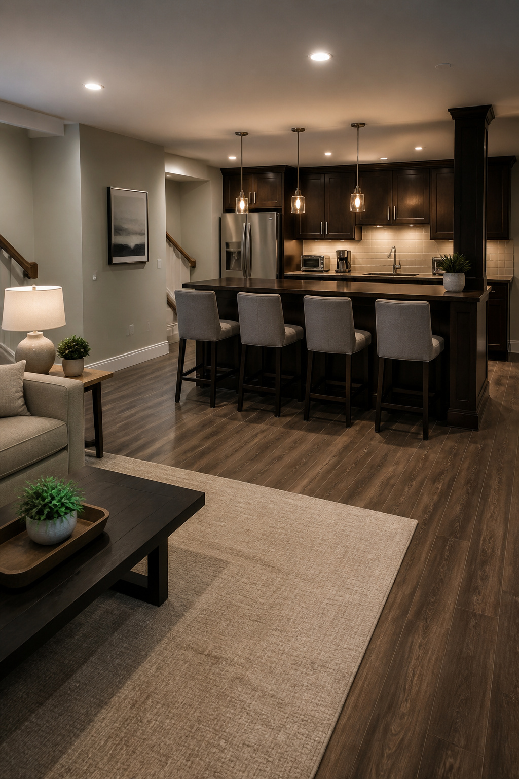 Bar-height counter creating seating space in a basement kitchen.