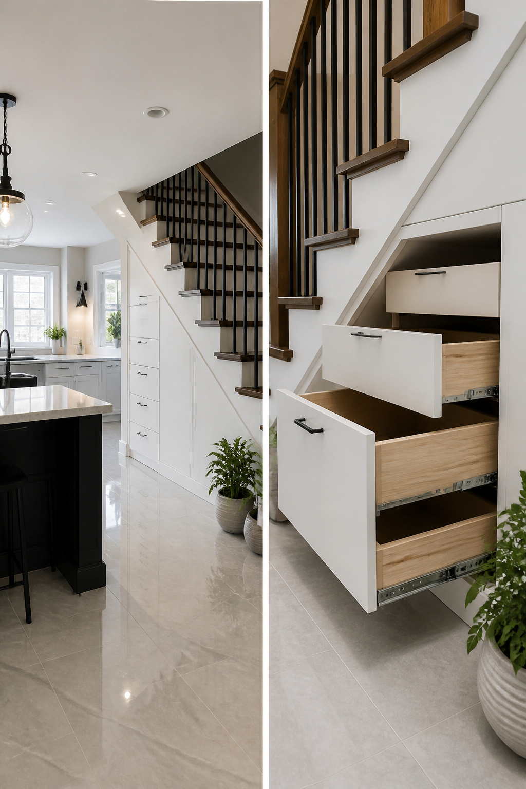 Under-stair storage with pull-out drawers in a basement kitchen.